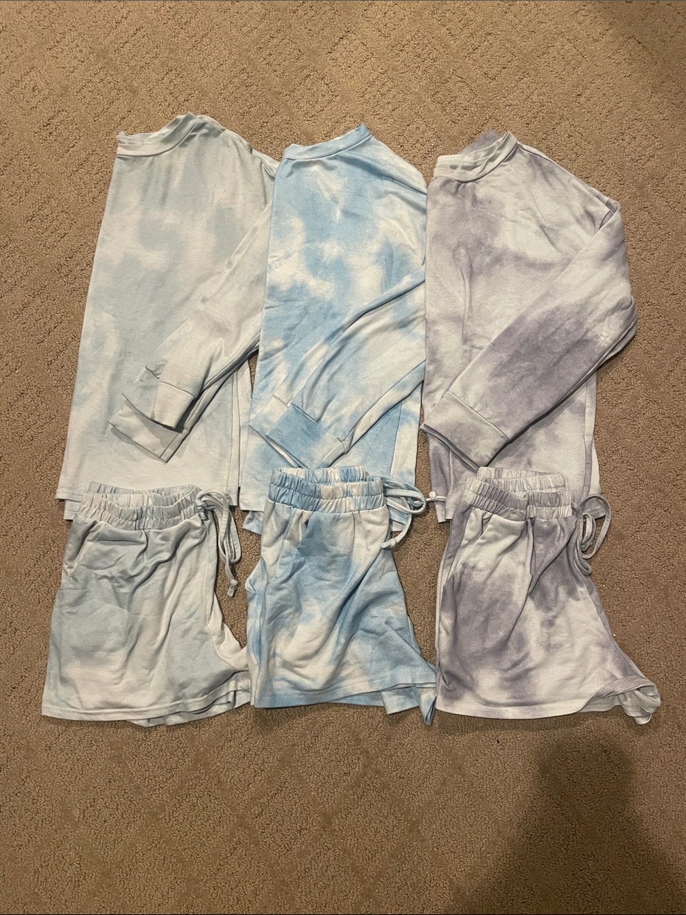 Amazon Women’s Tie-Dye Pajama Sets in Light Blue, Pale Blue, and Lavender